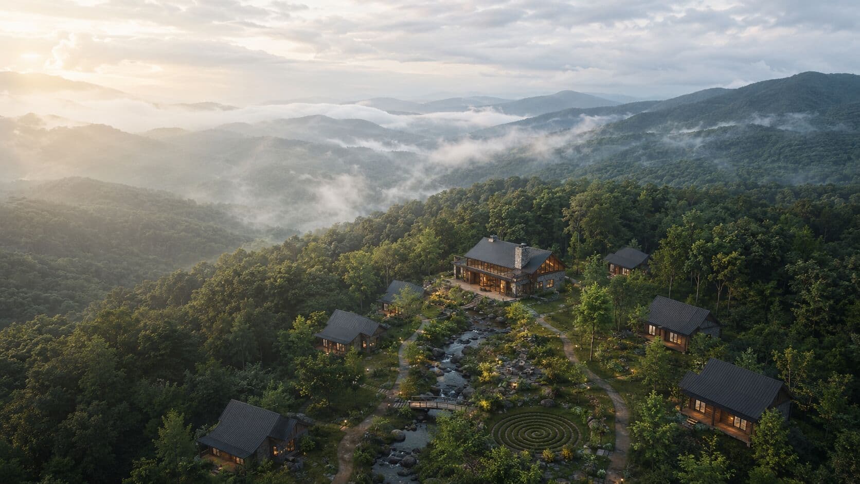 Concept visualization of a few small cabins and a central lodge among forested hills and low cloud
