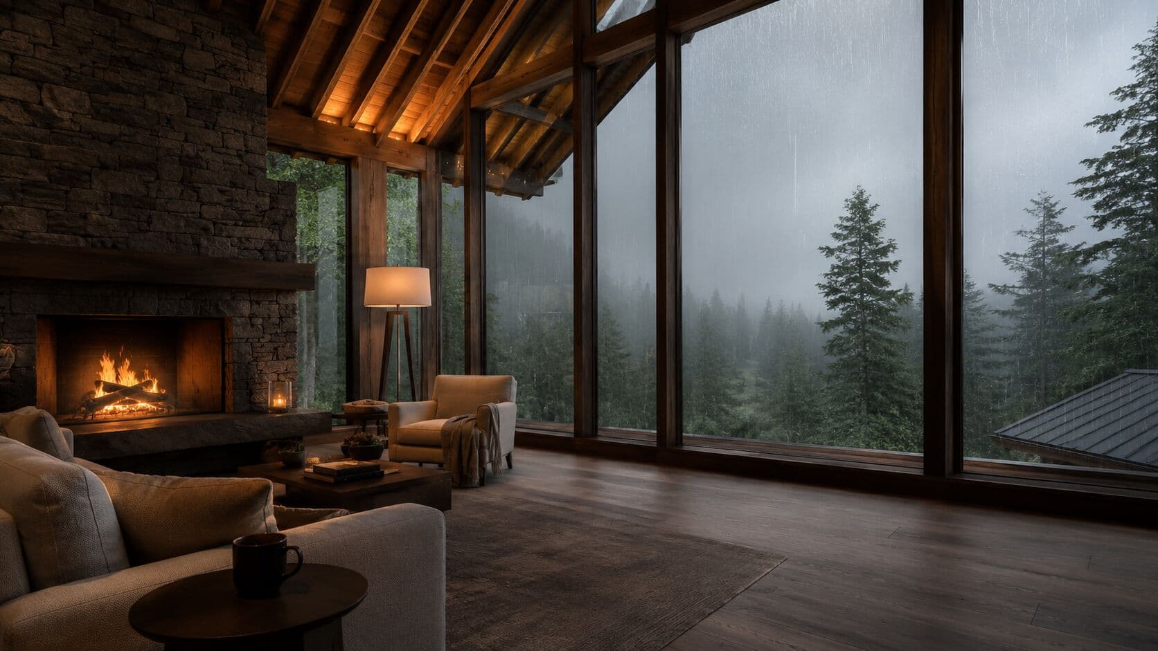 Concept visualization of a quiet lodge room with a stone fireplace and windows onto rain and pines