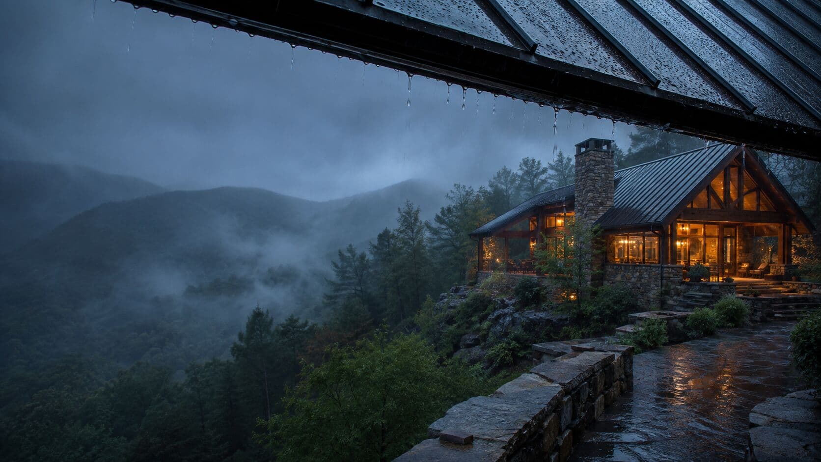 Concept visualization of a timber lodge glowing in the rain on a forested mountainside