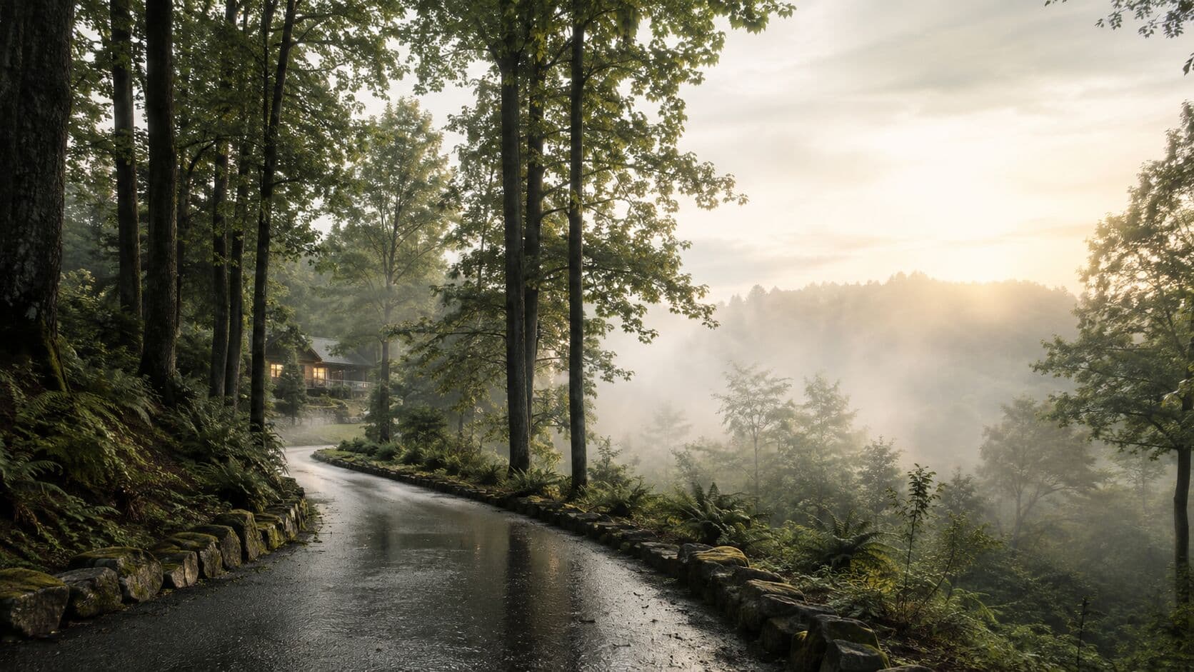 A secluded road through tall, rain-wet trees with mist lifting toward the light