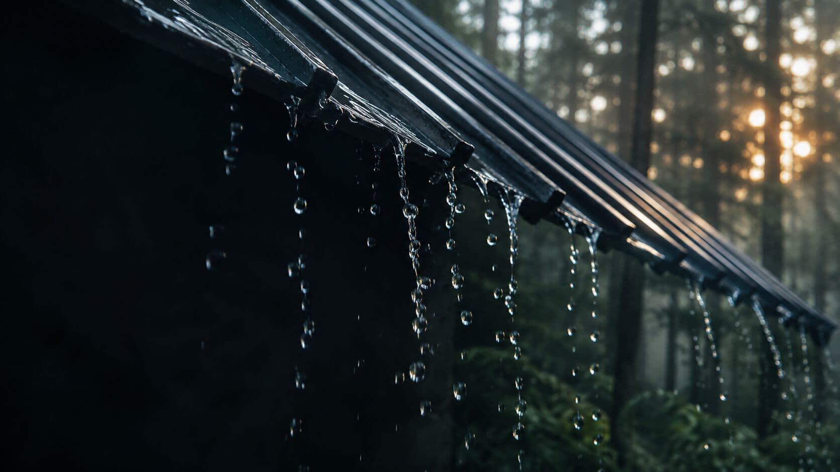 Water gathering and falling from the edge of a metal roof in a forest