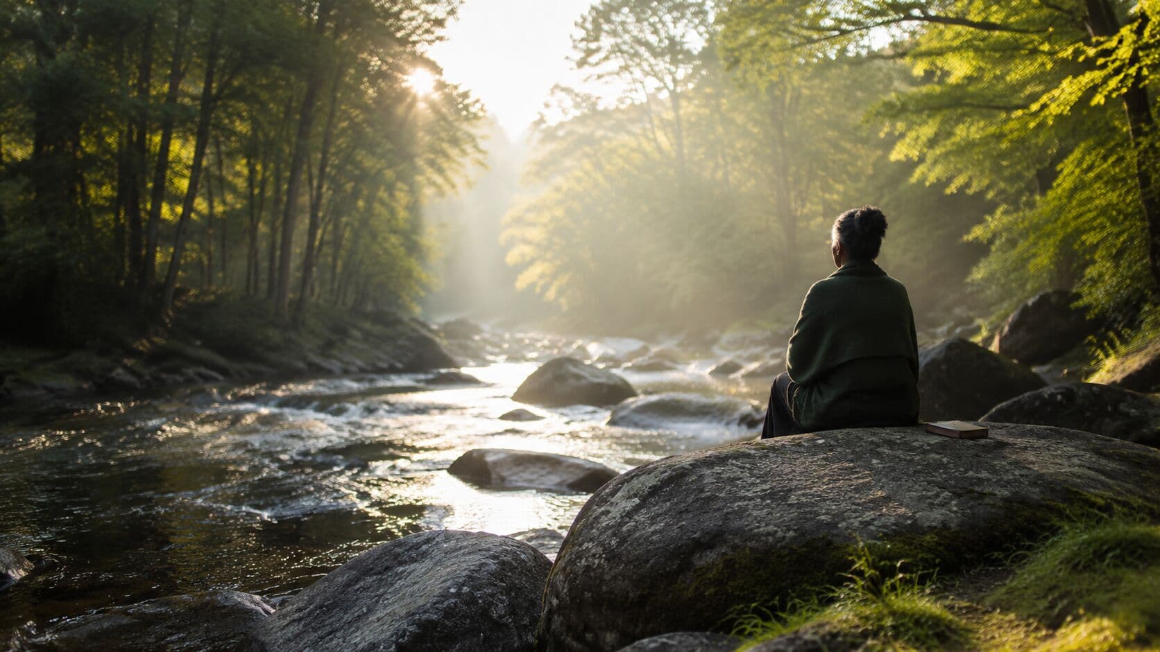A figure sitting quietly on a rock above a forest creek in soft morning light